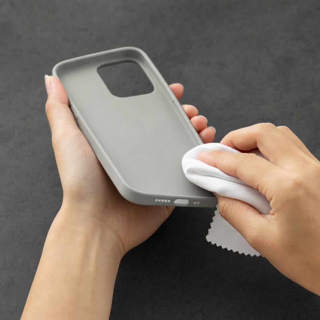 Hands gently wiping a gray silicone phone case with a microfiber cloth