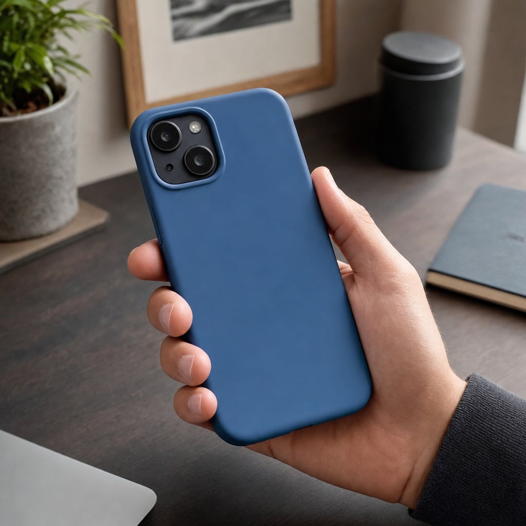 A hand holding a blue silicone phone case with a secure grip