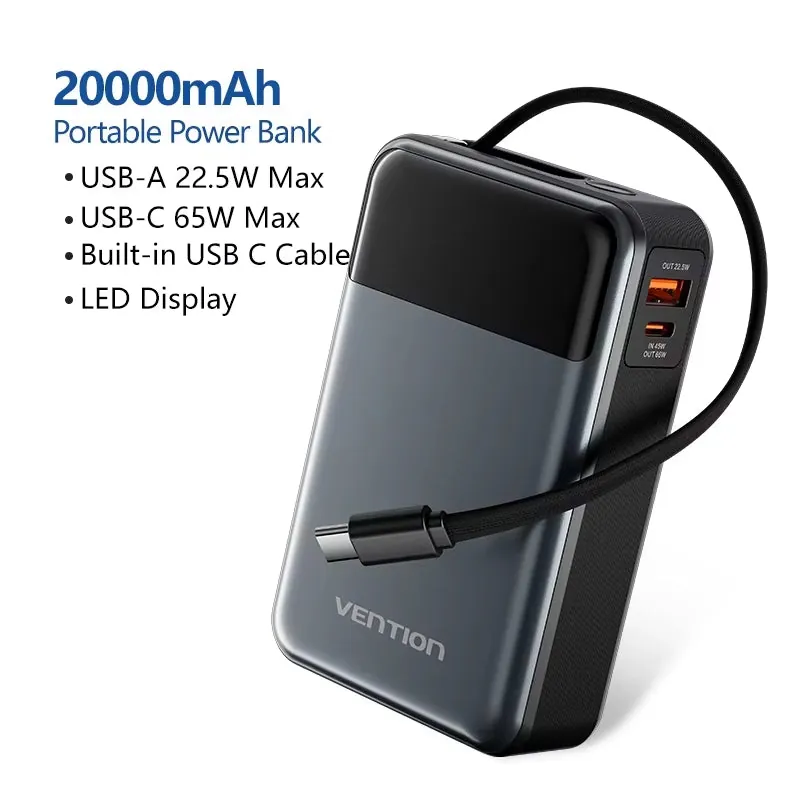 20000mAh Power Bank 65W Fast Charging Built-in USB C Cable Laptop Charger