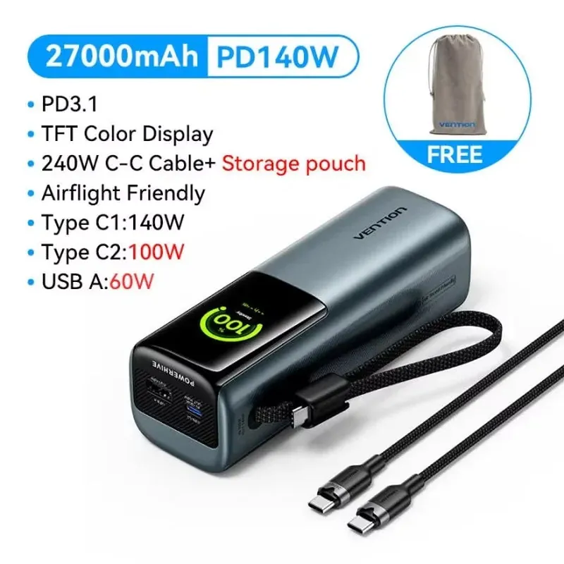 27000mAh Power Bank 200W PD3.1 Fast Charging 140W Laptop Portable Charger