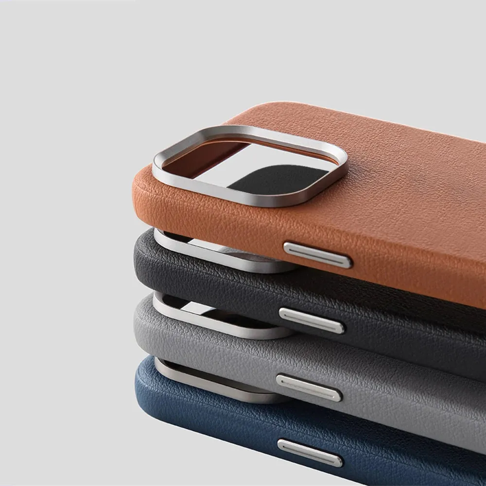 Luxury Business PU Leather Magnetic iPhone Case Metal Camera MagSafe Cover