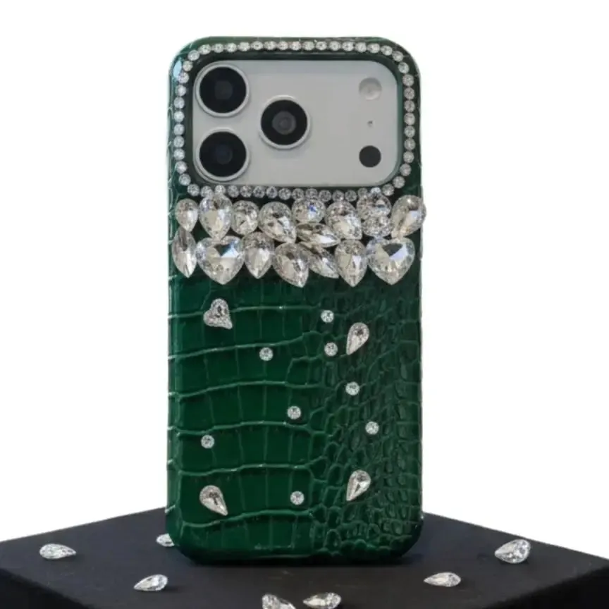Luxury Crocodile Grain Leather iPhone Case Jewelled Hard Back Protective Cover