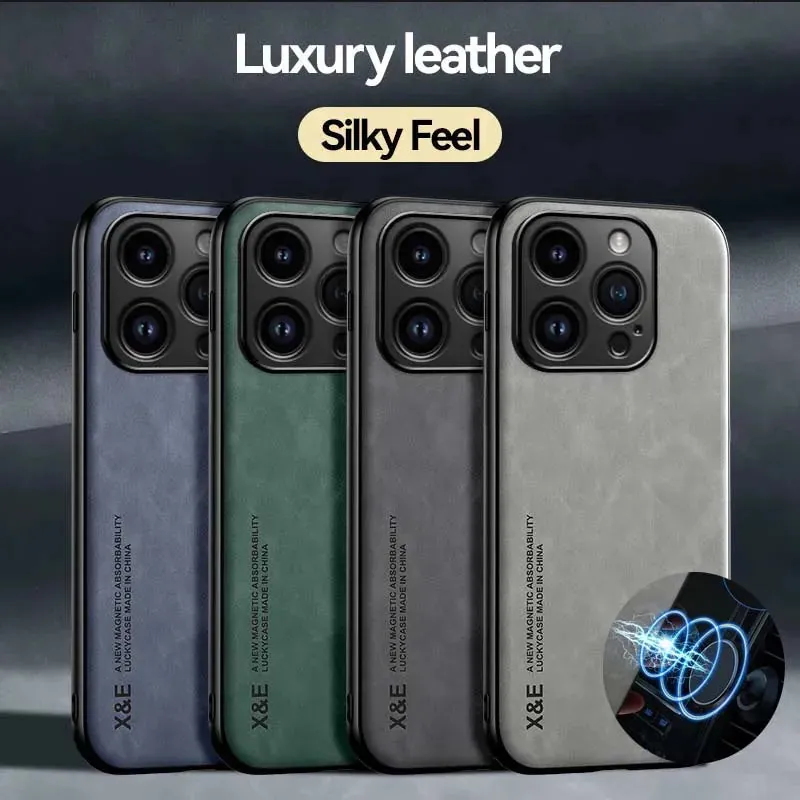 Luxury Leather iPhone Case with Metal Plate Magnetic Car Mount Support Cover