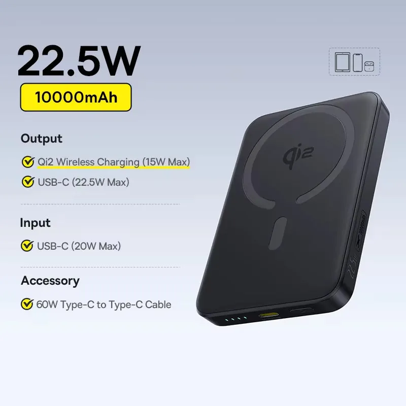 Qi2 Magnetic Power Bank 10000mAh 15W Wireless 22.5W Fast Charging Portable
