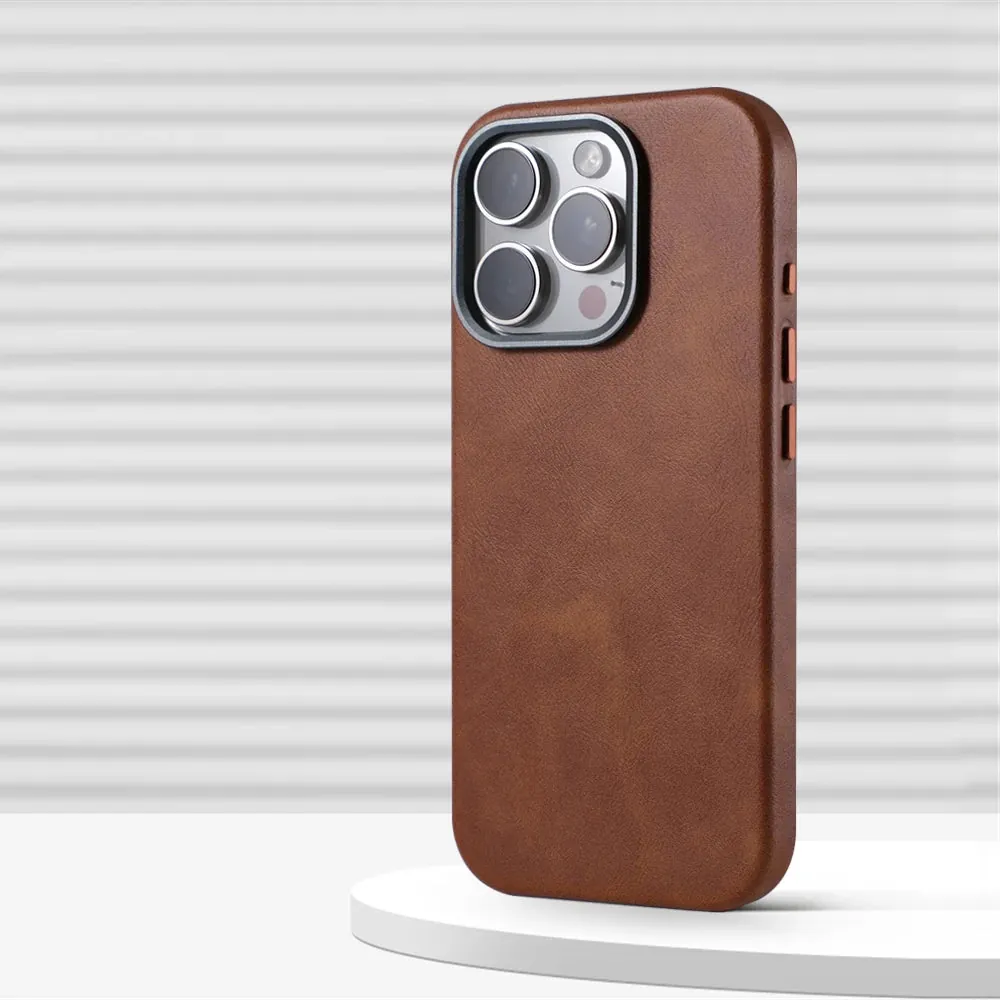 Luxury Retro Leather MagSafe iPhone Case Business Magnetic Alloy Lens Cover