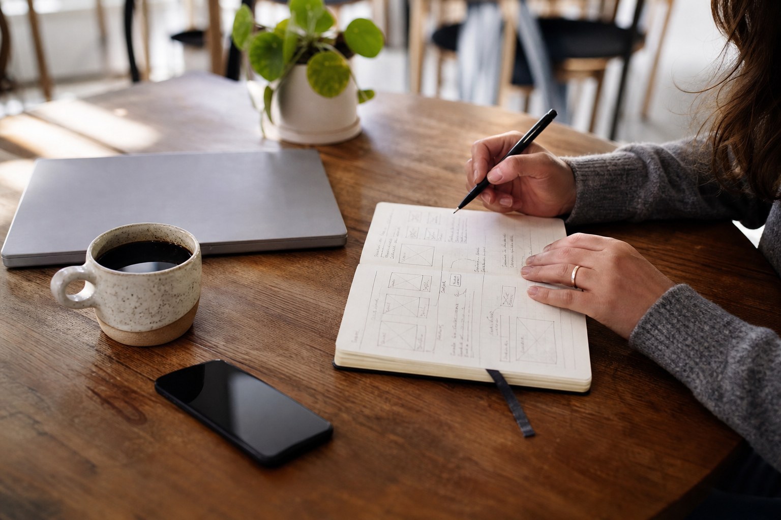 Hands planning an email newsletter at a desk