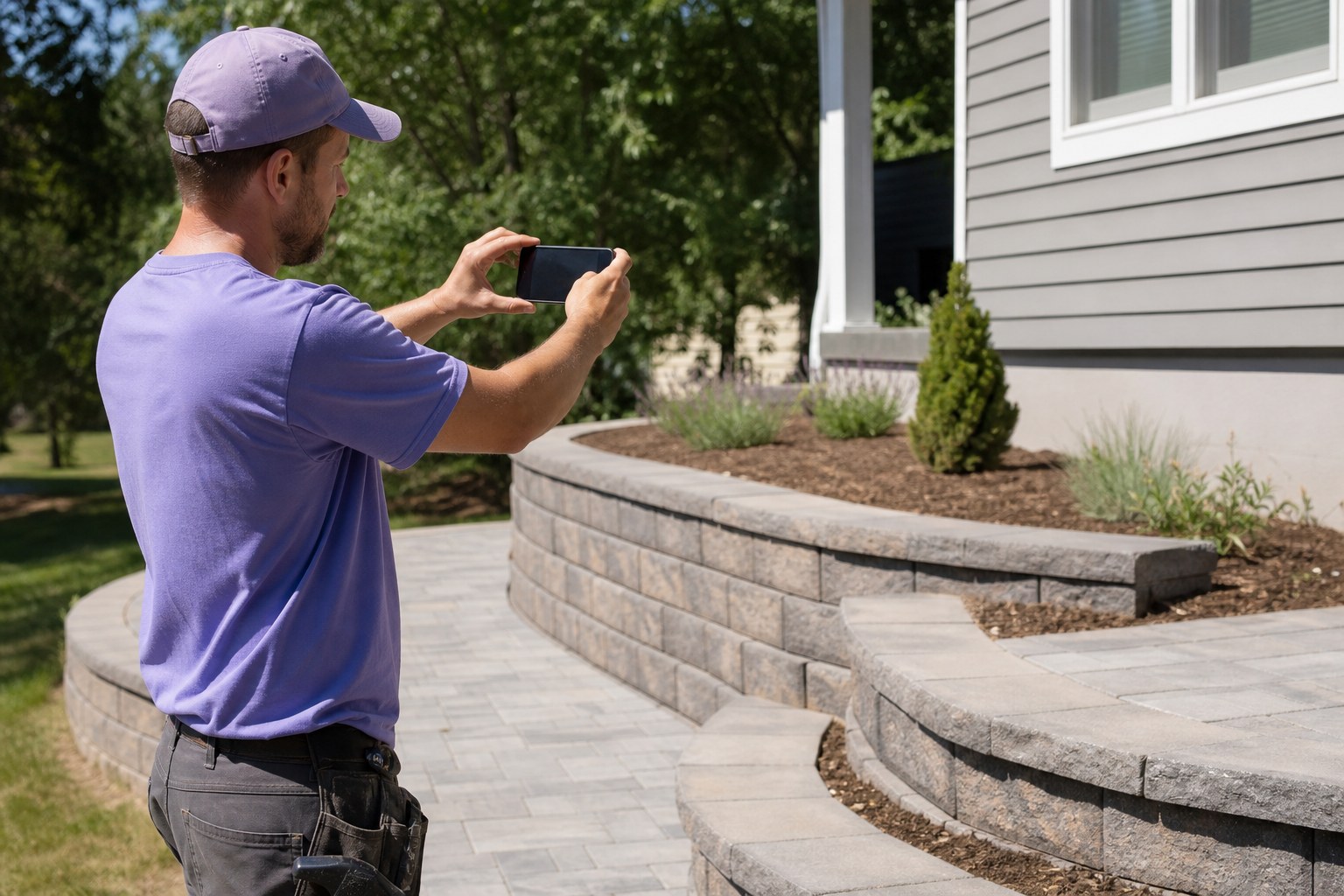 Service professional photographing a completed outdoor project with a phone