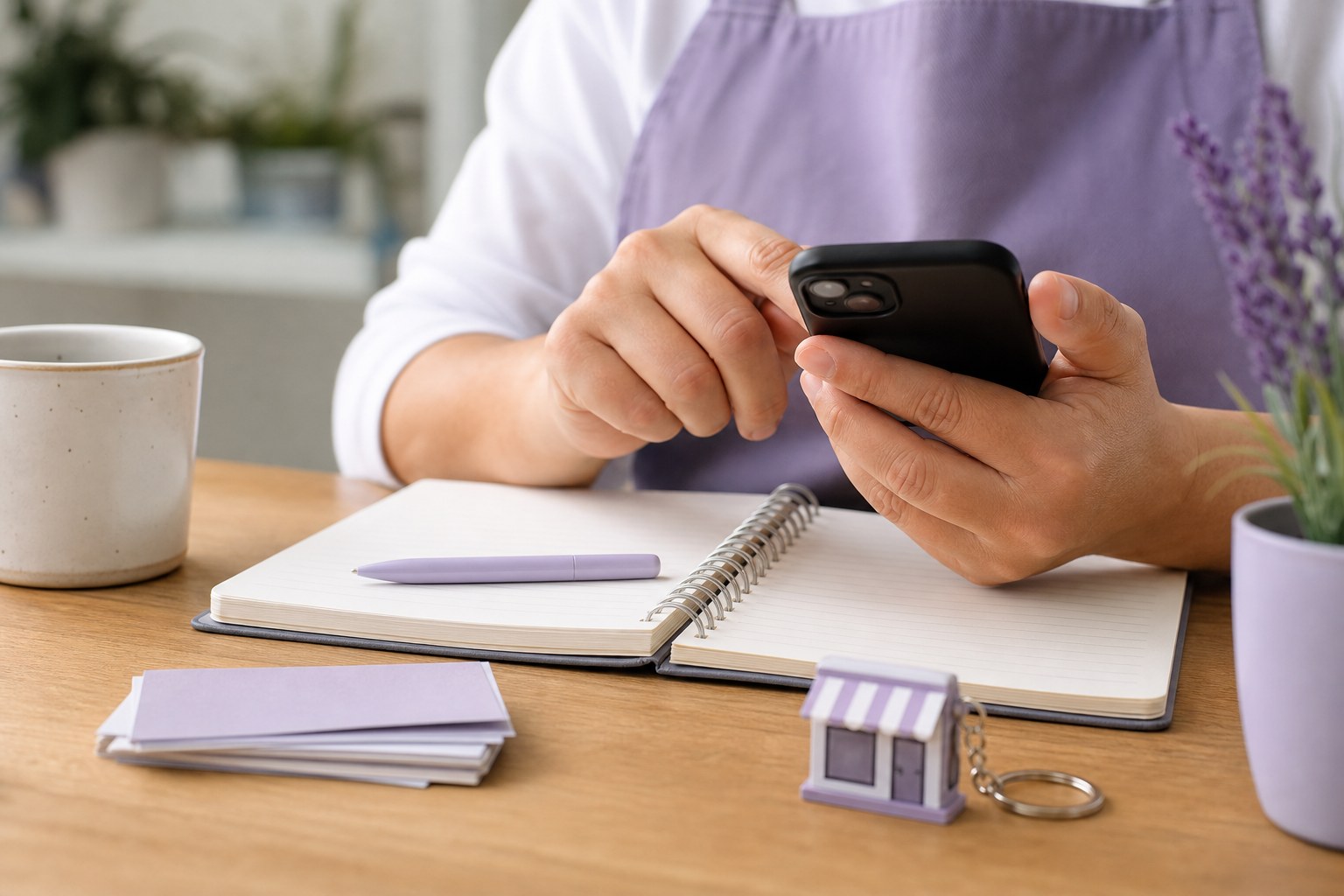 Business owner checking details on a phone beside a notebook and business cards