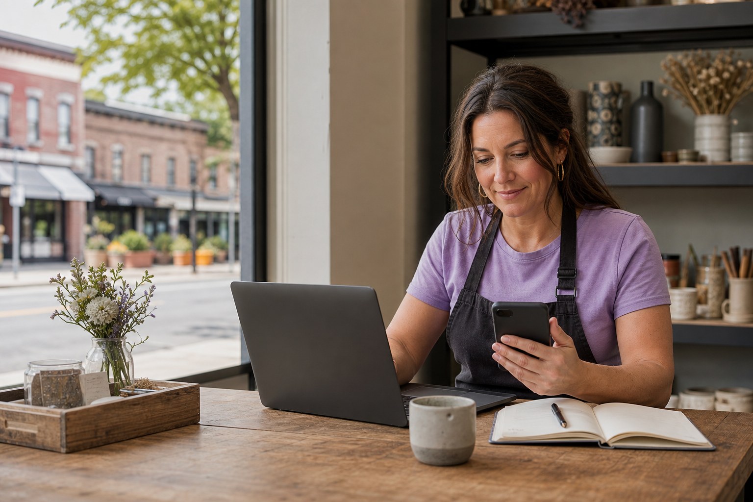 Small business owner reviewing local business information on a laptop and phone