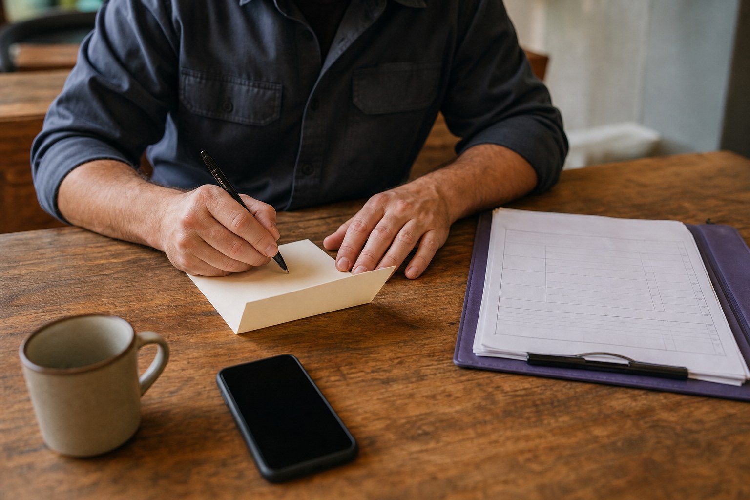 Service business owner preparing a customer follow-up note beside a work folder