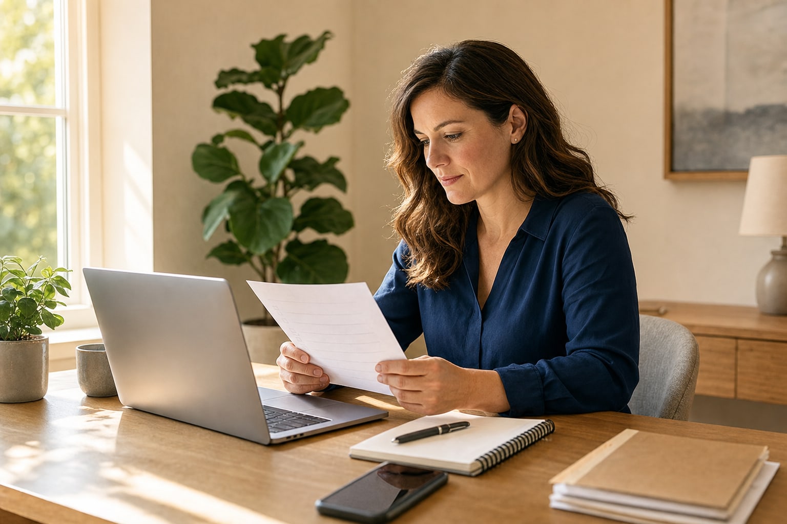 Small business owner reviewing a customer follow-up plan at a desk