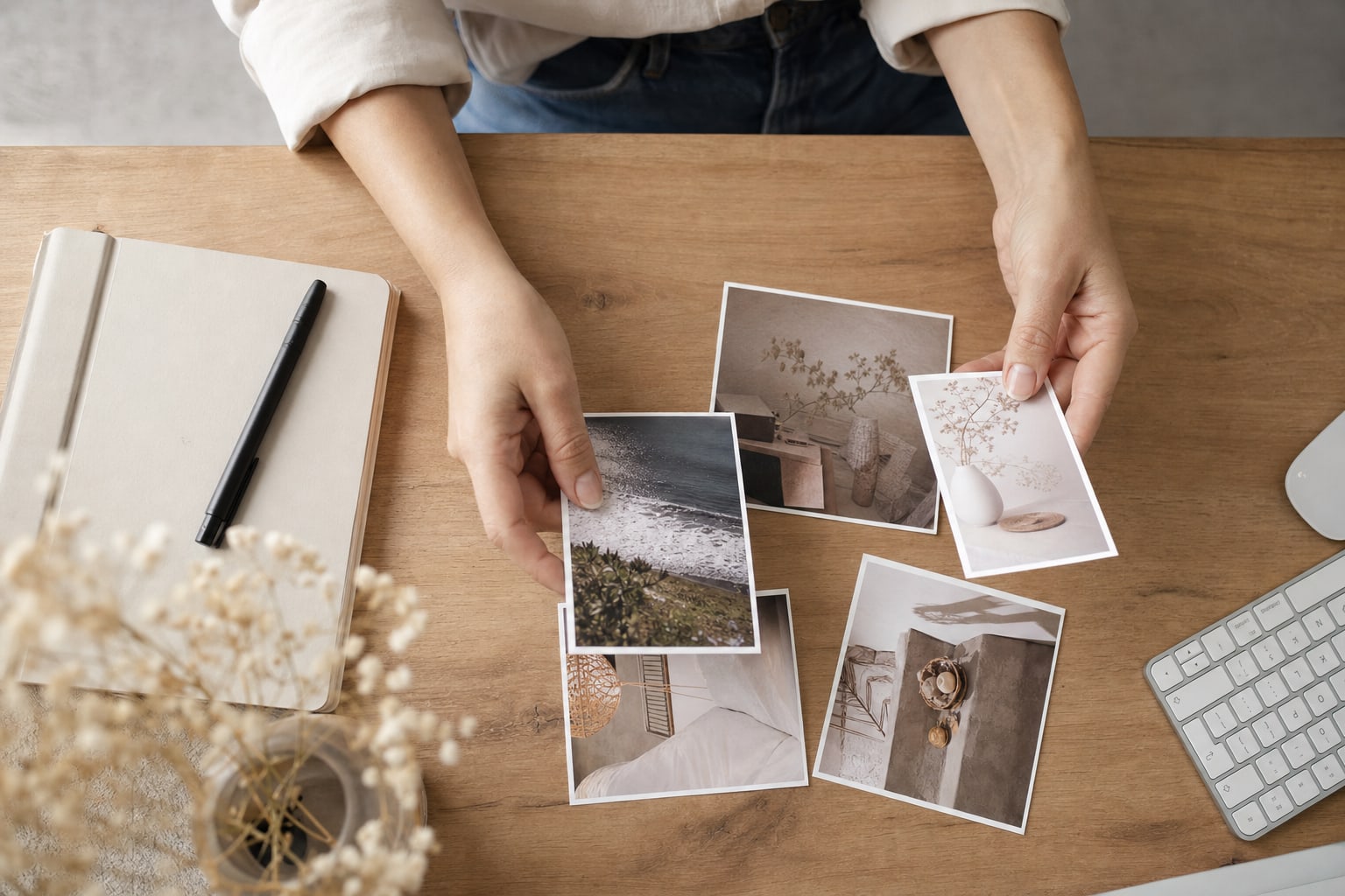Business owner sorting visual story ideas for a customer newsletter