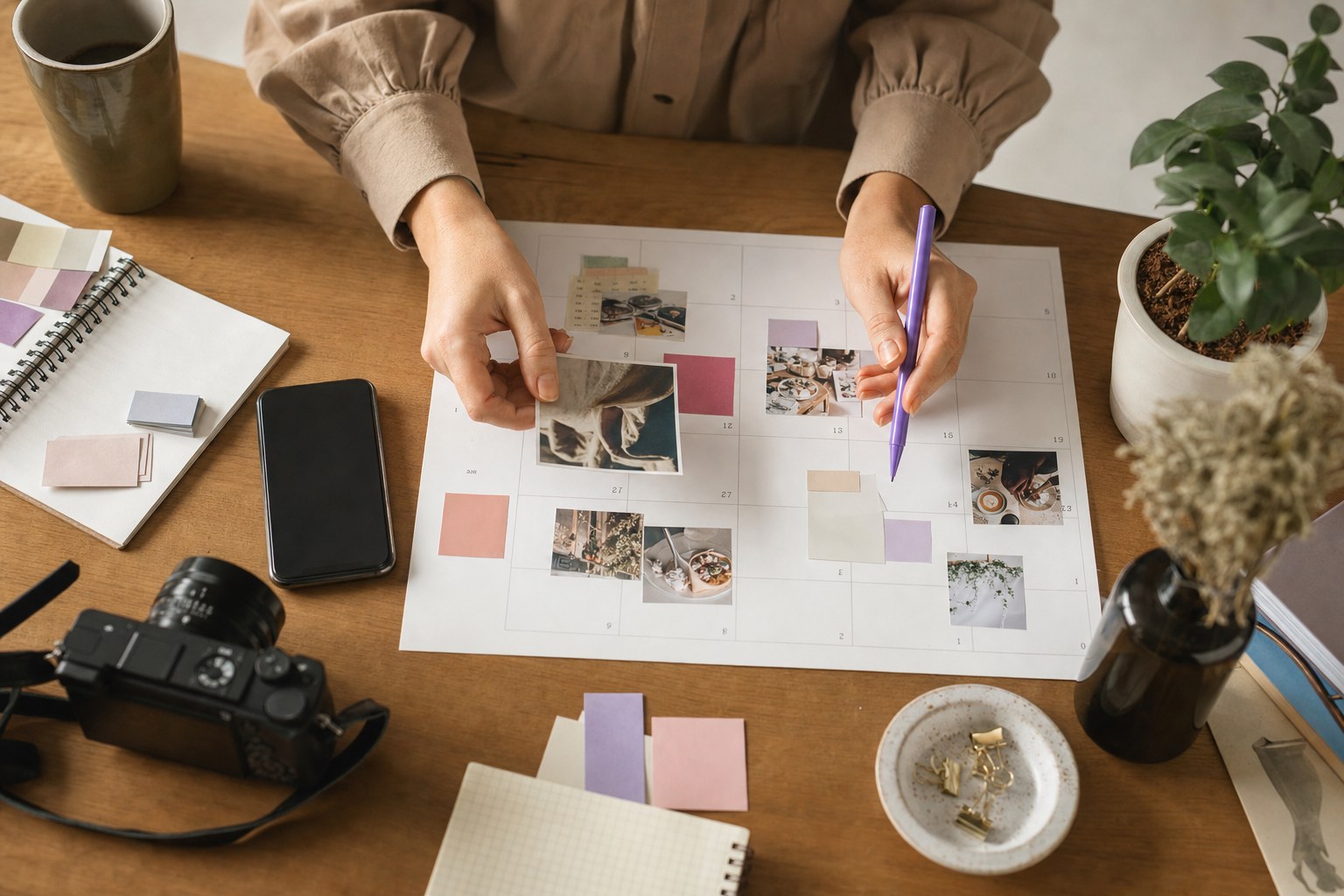 Hands organizing a social content plan on a desk