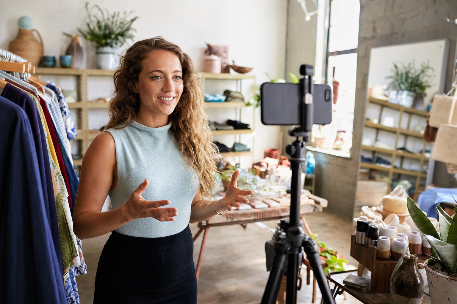 Local business owner filming a social media video in a storefront