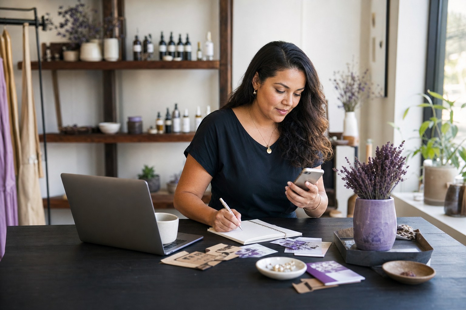 Business owner planning social media content at a desk