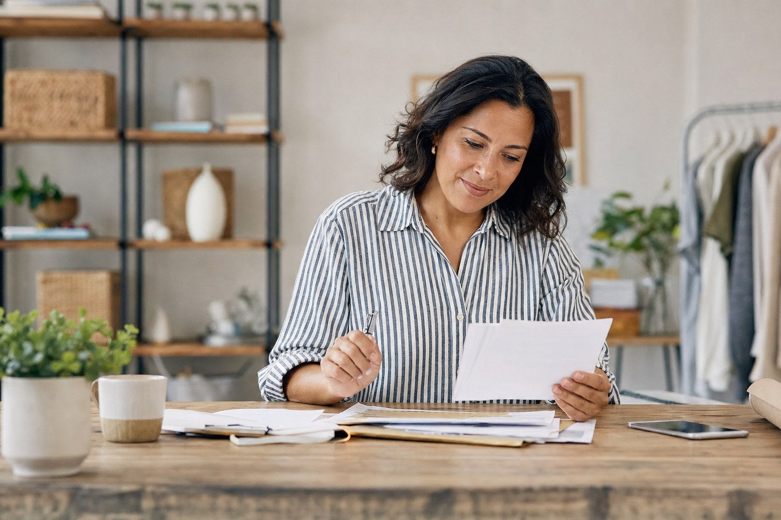 Business owner reviewing customer inquiry notes and website plans