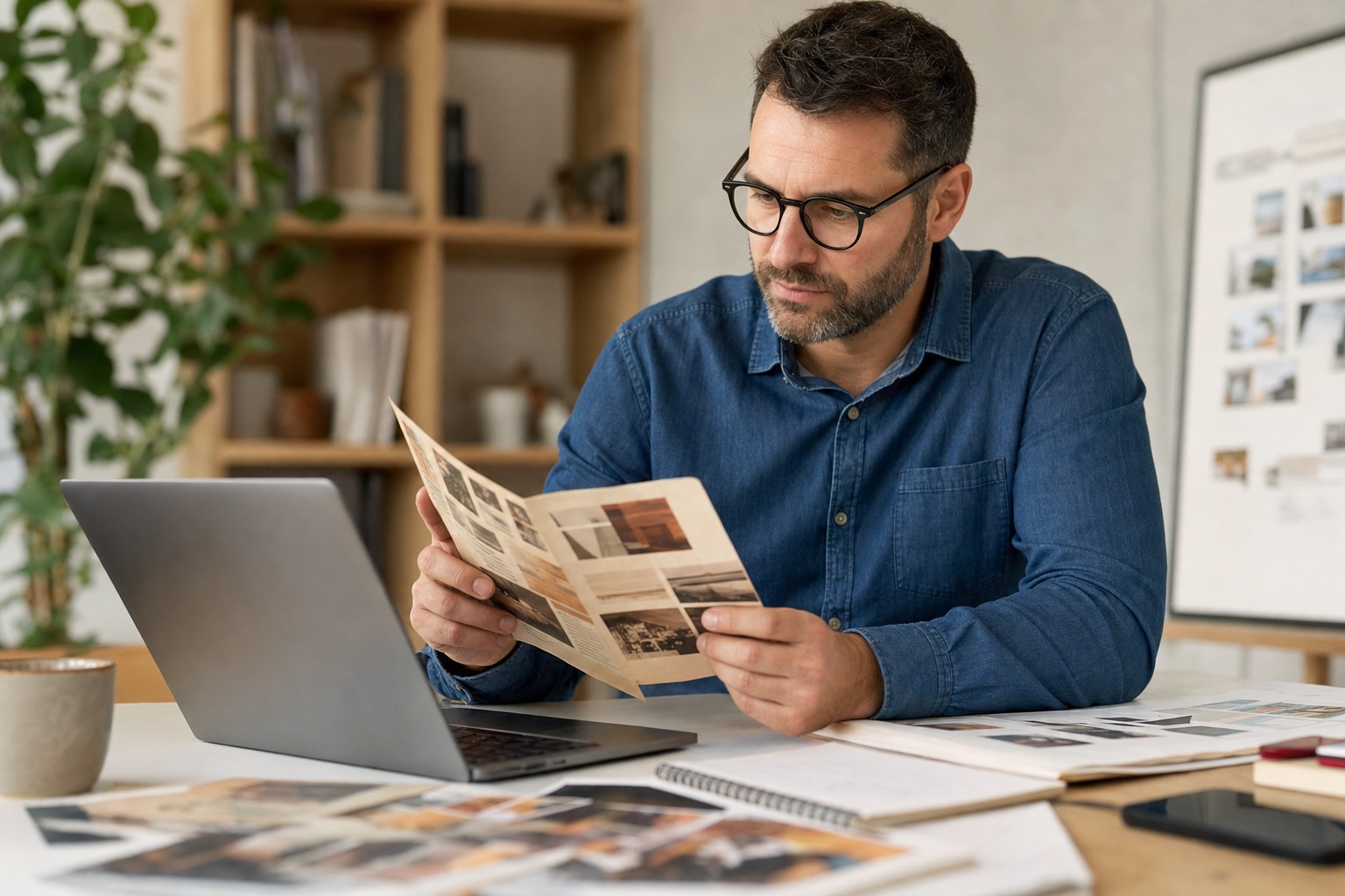 Business owner planning a website refresh with a laptop and printed materials