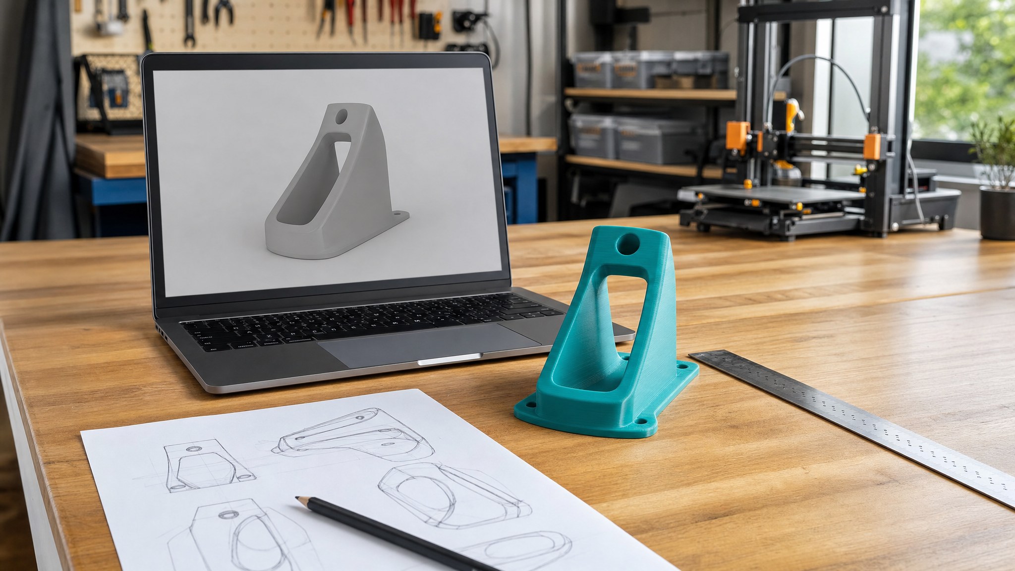 A teal 3D printed bracket mockup beside a laptop model and measurement tools on a workshop table
