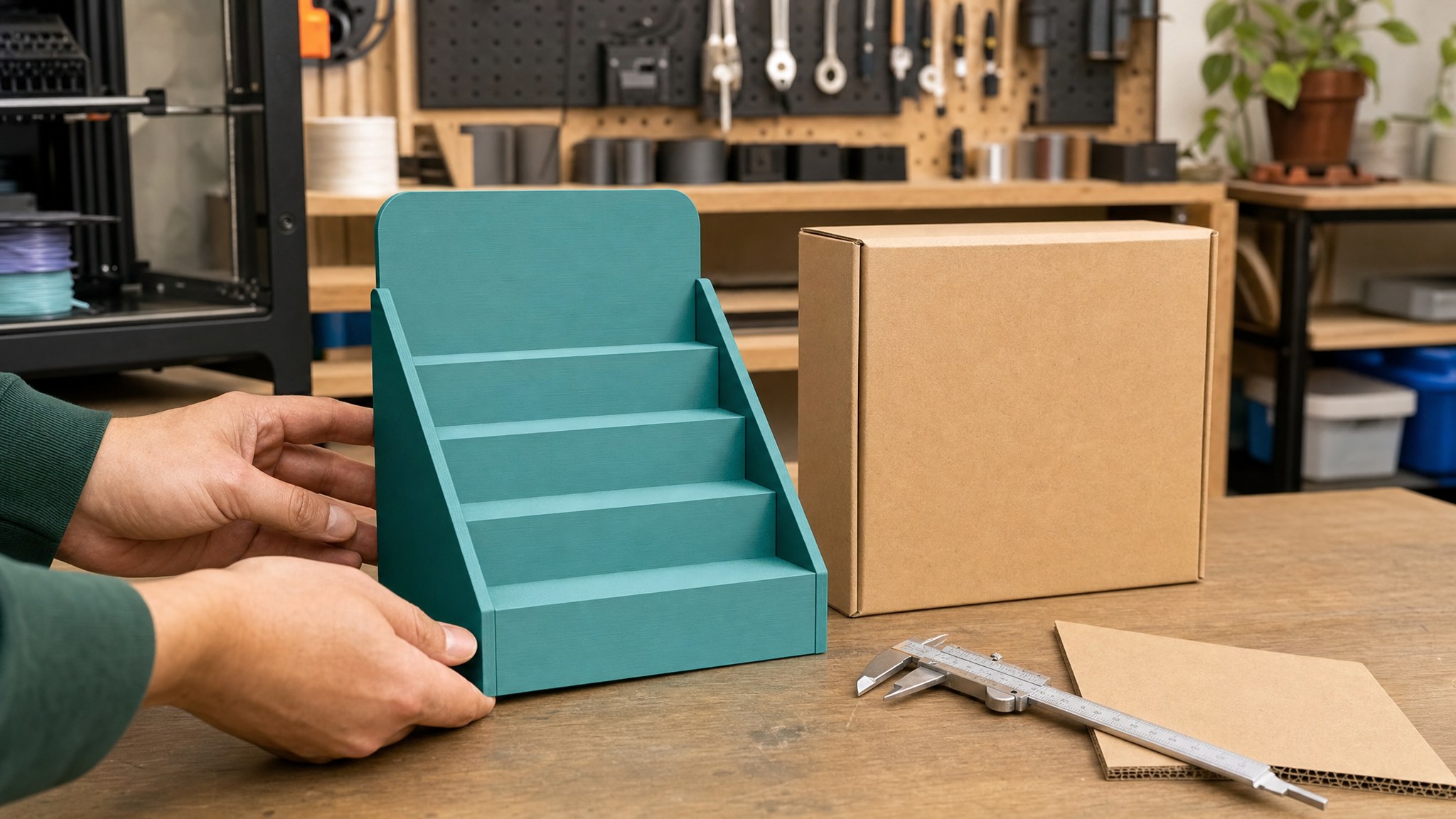 A teal 3D printed display mockup being checked beside a plain box with calipers on a workshop table
