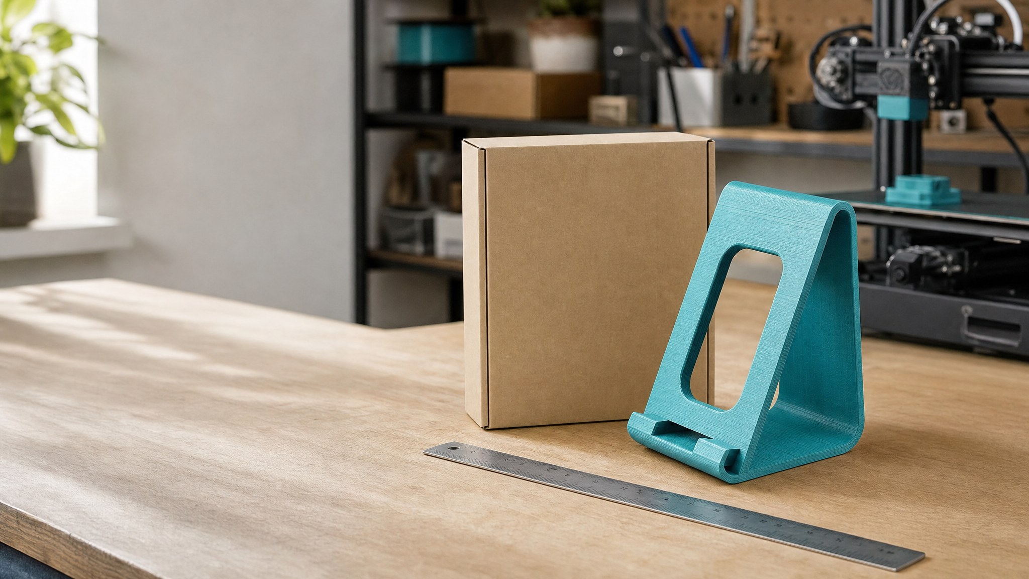 Teal 3D printed display mockup beside a plain box and ruler in a workshop