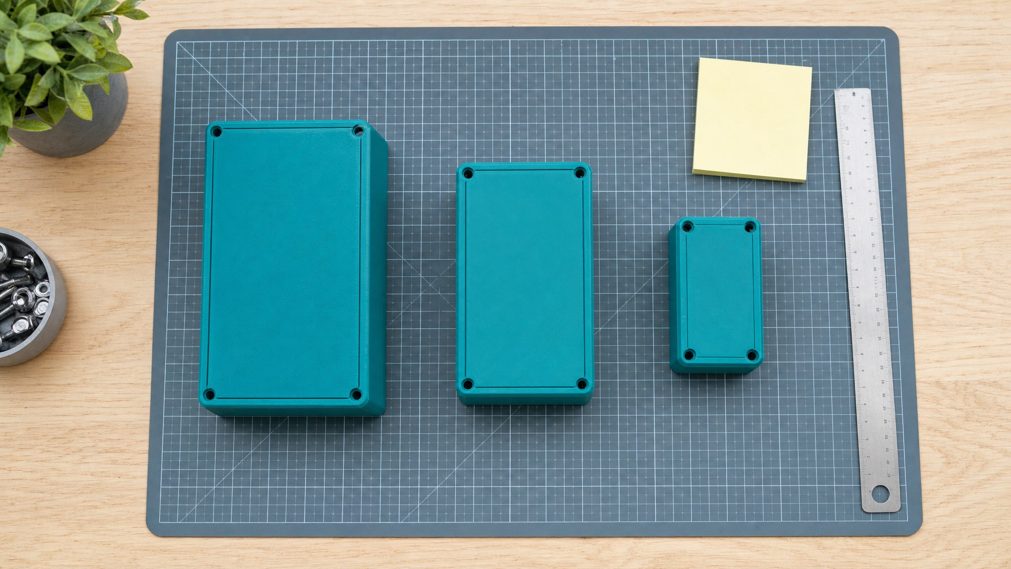 Three teal 3D printed enclosure mockups in different sizes on a gridded work mat