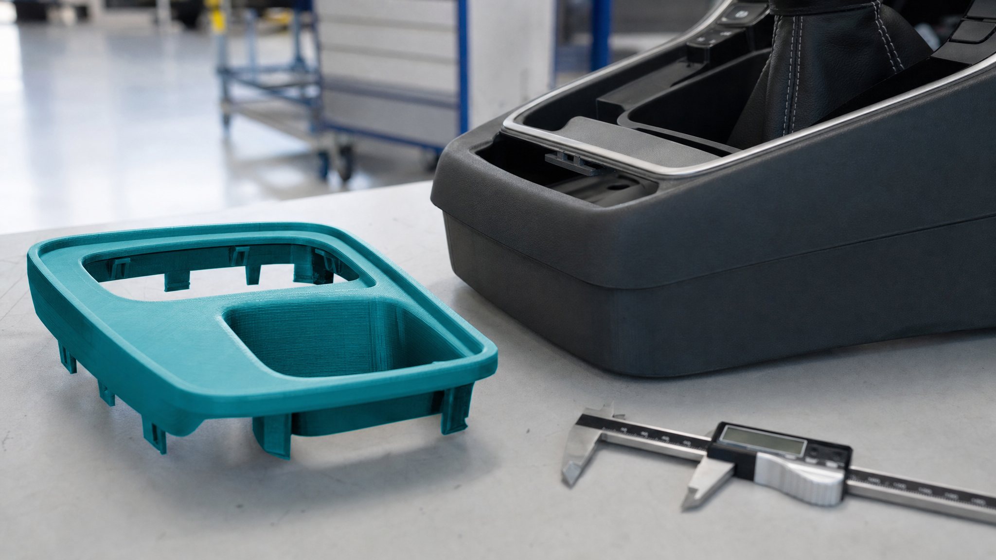 Teal 3D printed automotive prototype part being checked beside an unbranded vehicle console component