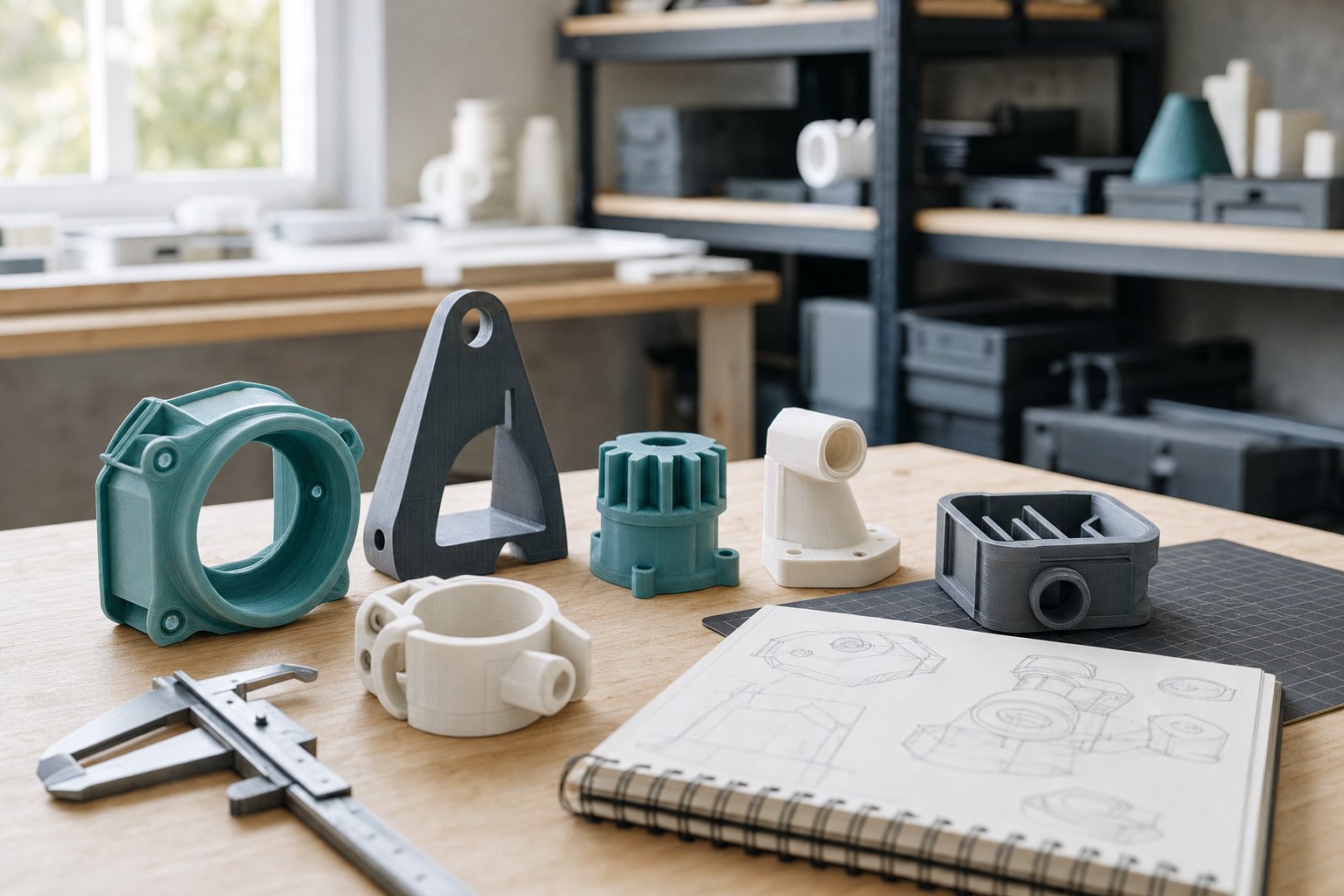 3D printed functional prototype parts on a workbench