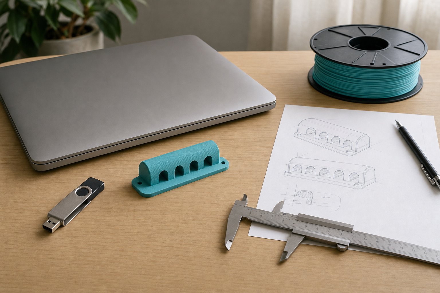3D printed cable guide prototype with calipers, a closed laptop, and a hand sketch on a worktable