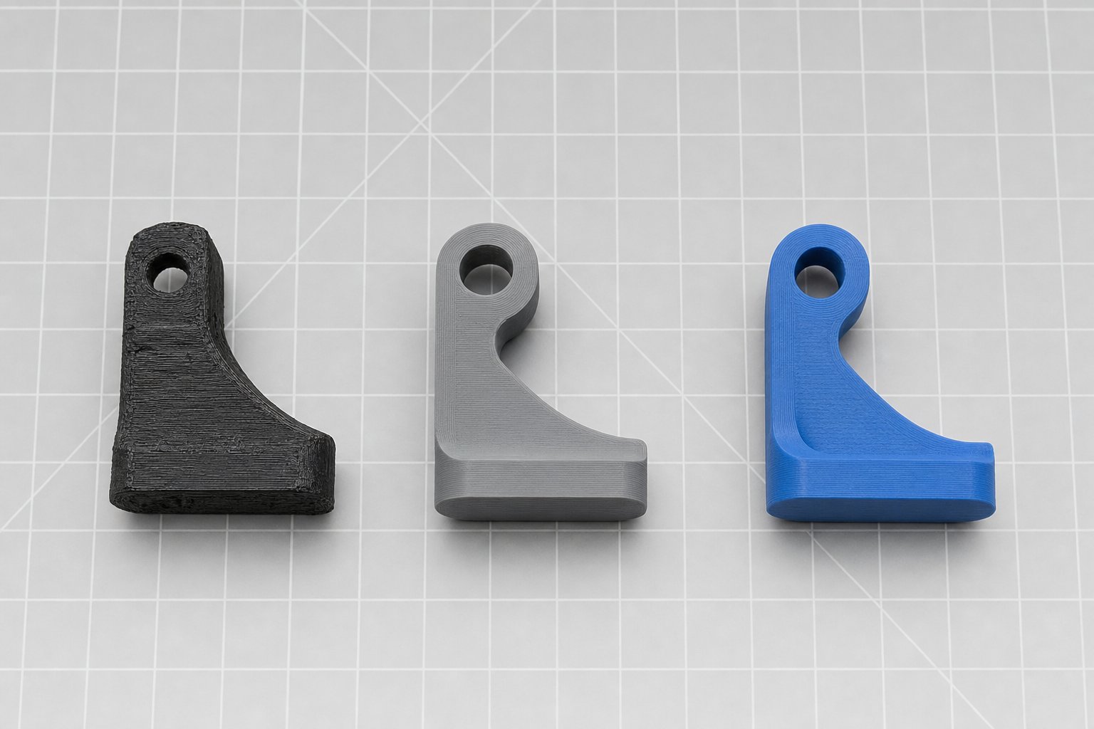 Three iterations of a small 3D printed functional bracket arranged from rough to refined