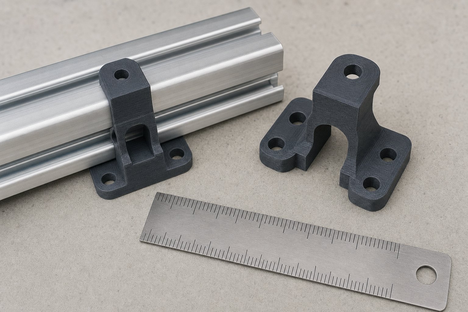 Two dark gray 3D printed bracket prototypes beside an aluminum rail and a metal ruler