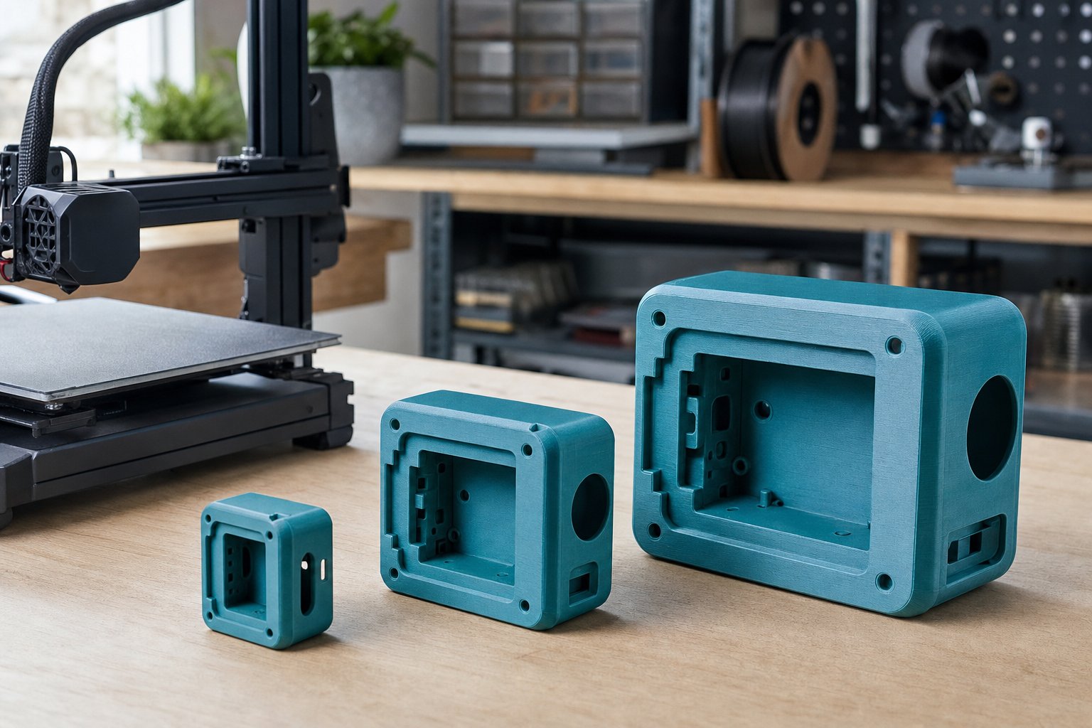 Three sizes of a teal 3D printed prototype enclosure beside a 3D printer