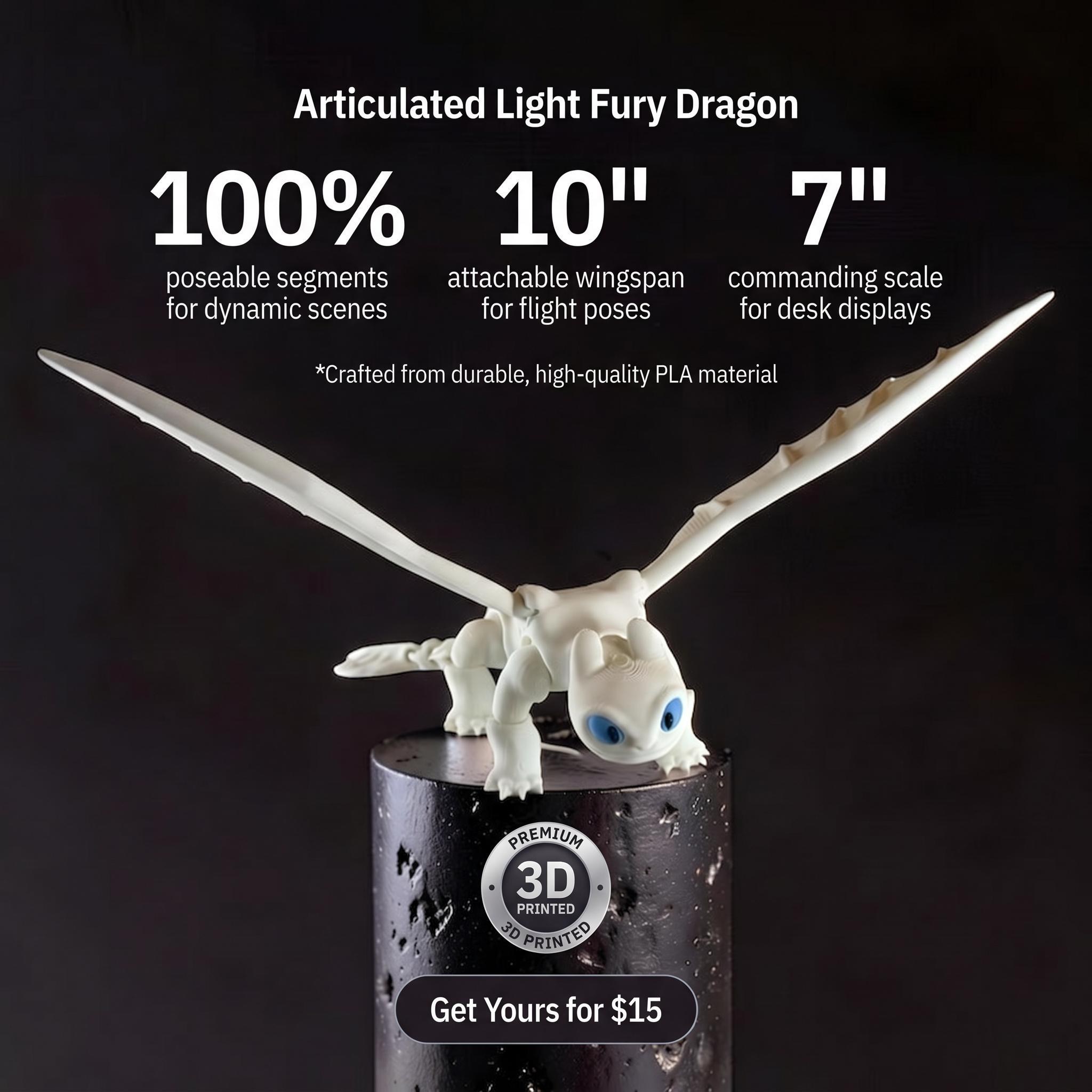 HTTYD Dragon Light Fury | 3D Printed Collectible with Posable Wings, view 4