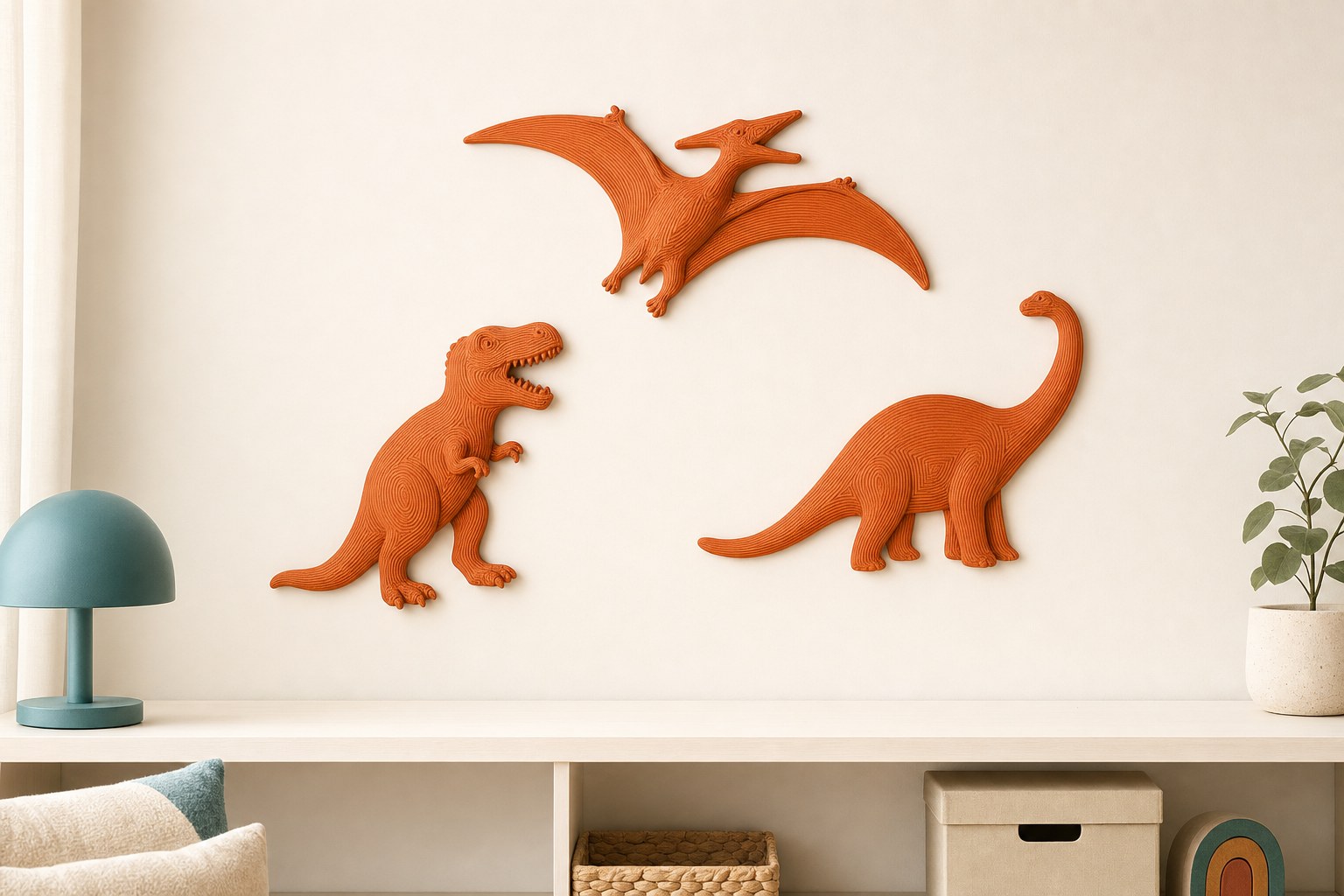 Dinosaur wall decor pieces in orange filament
