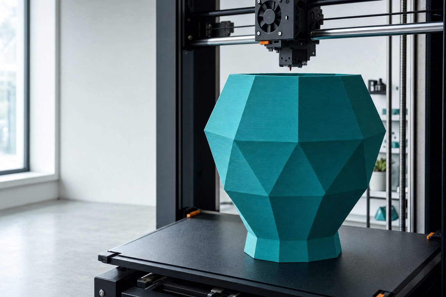 Teal geometric 3D print being made on a printer bed