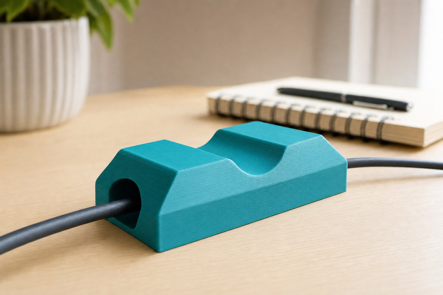 Teal 3D printed cable management desk accessory
