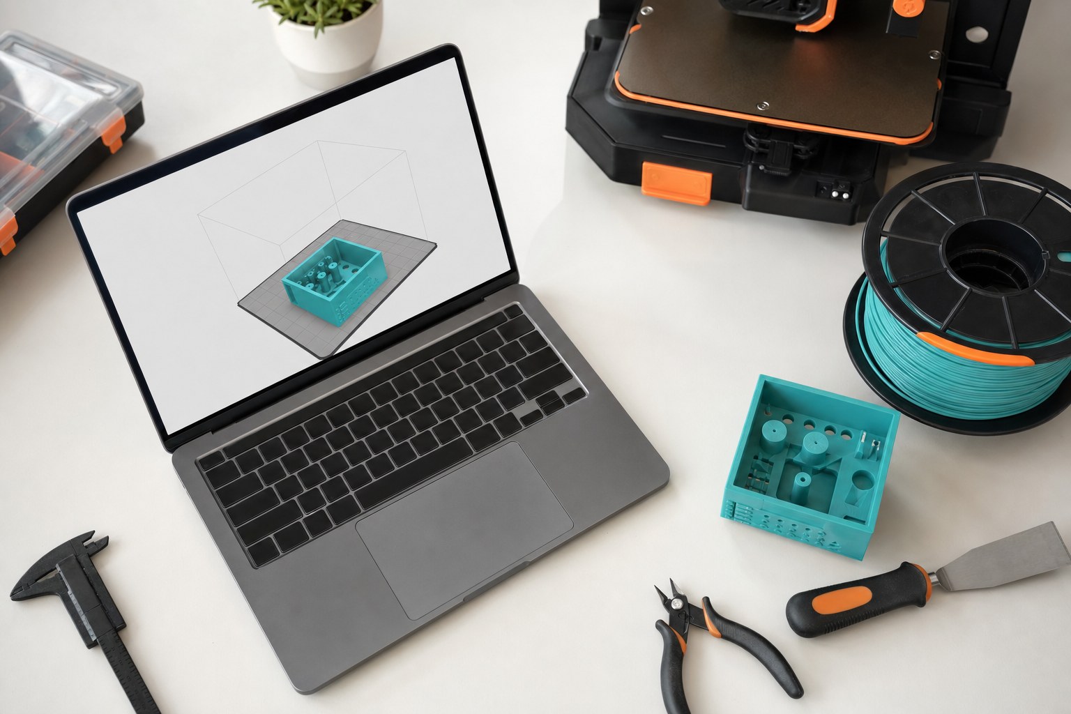 3D print preparation with a model preview and teal test print