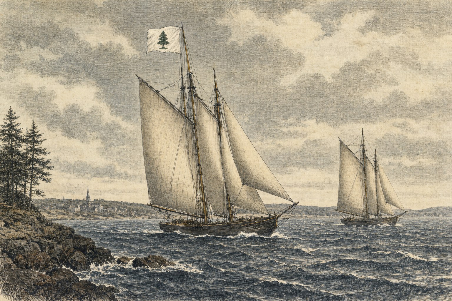 Illustration of two colonial-era schooners sailing beneath a pine tree banner