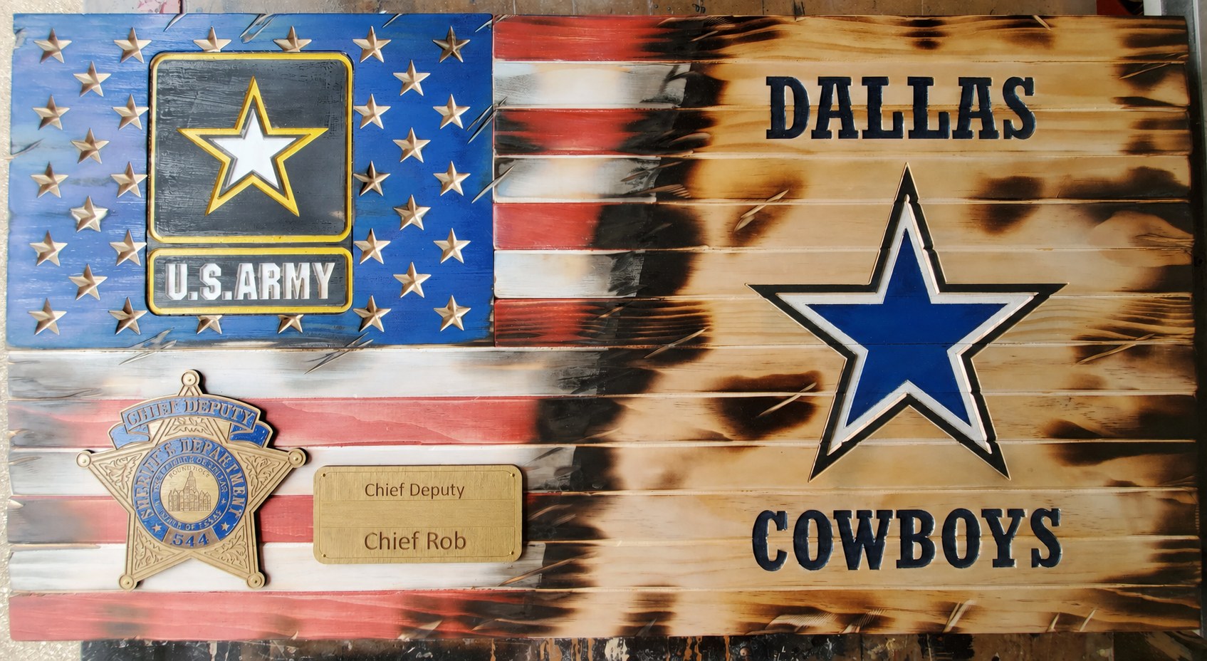 Custom American flag artwork with U.S. Army and Dallas Cowboys details