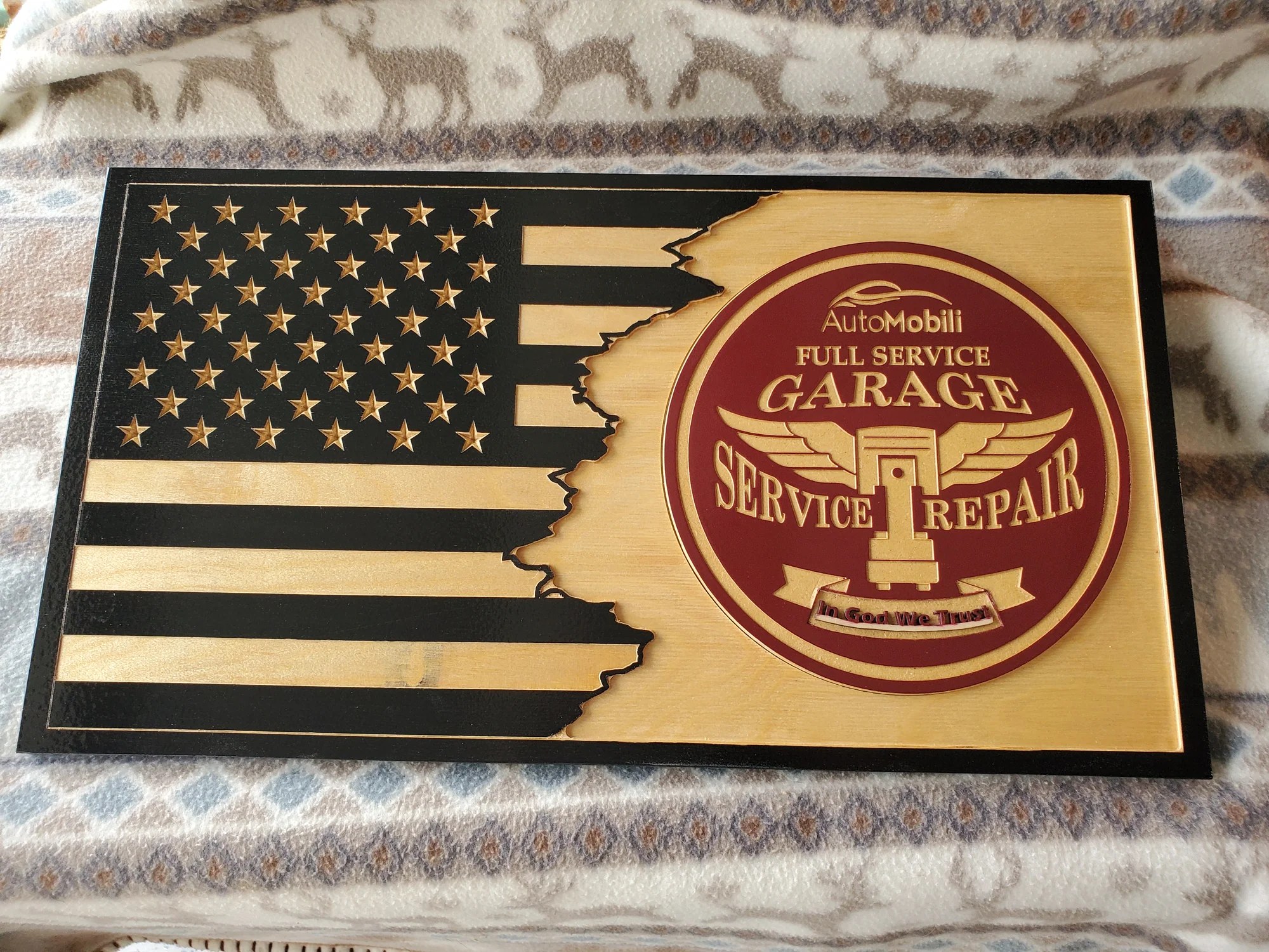 Custom American wood flag for Automobili Full Service Garage