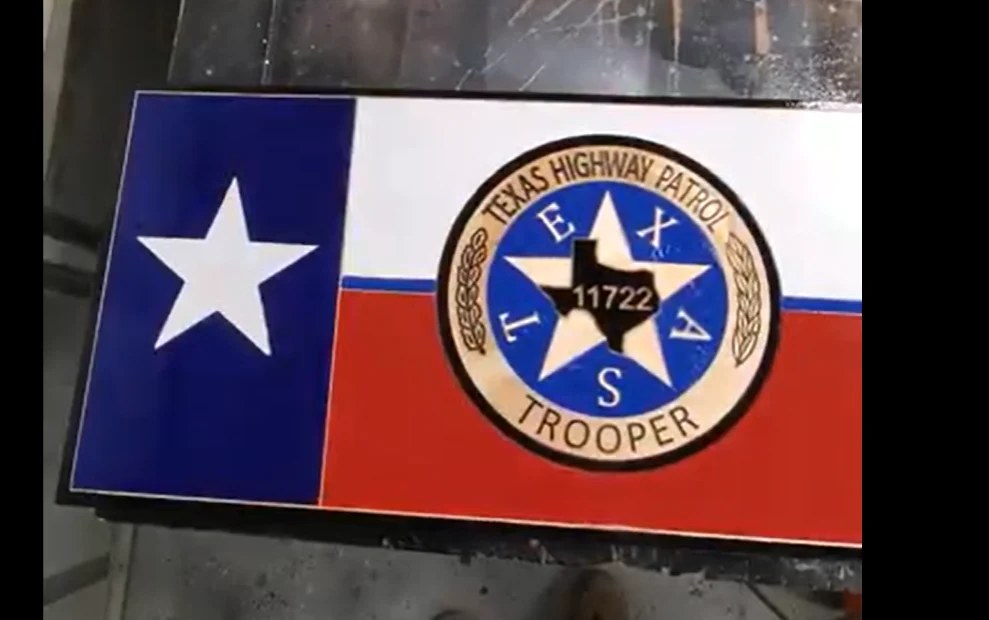 Custom Texas flag with Highway Patrol Trooper emblem