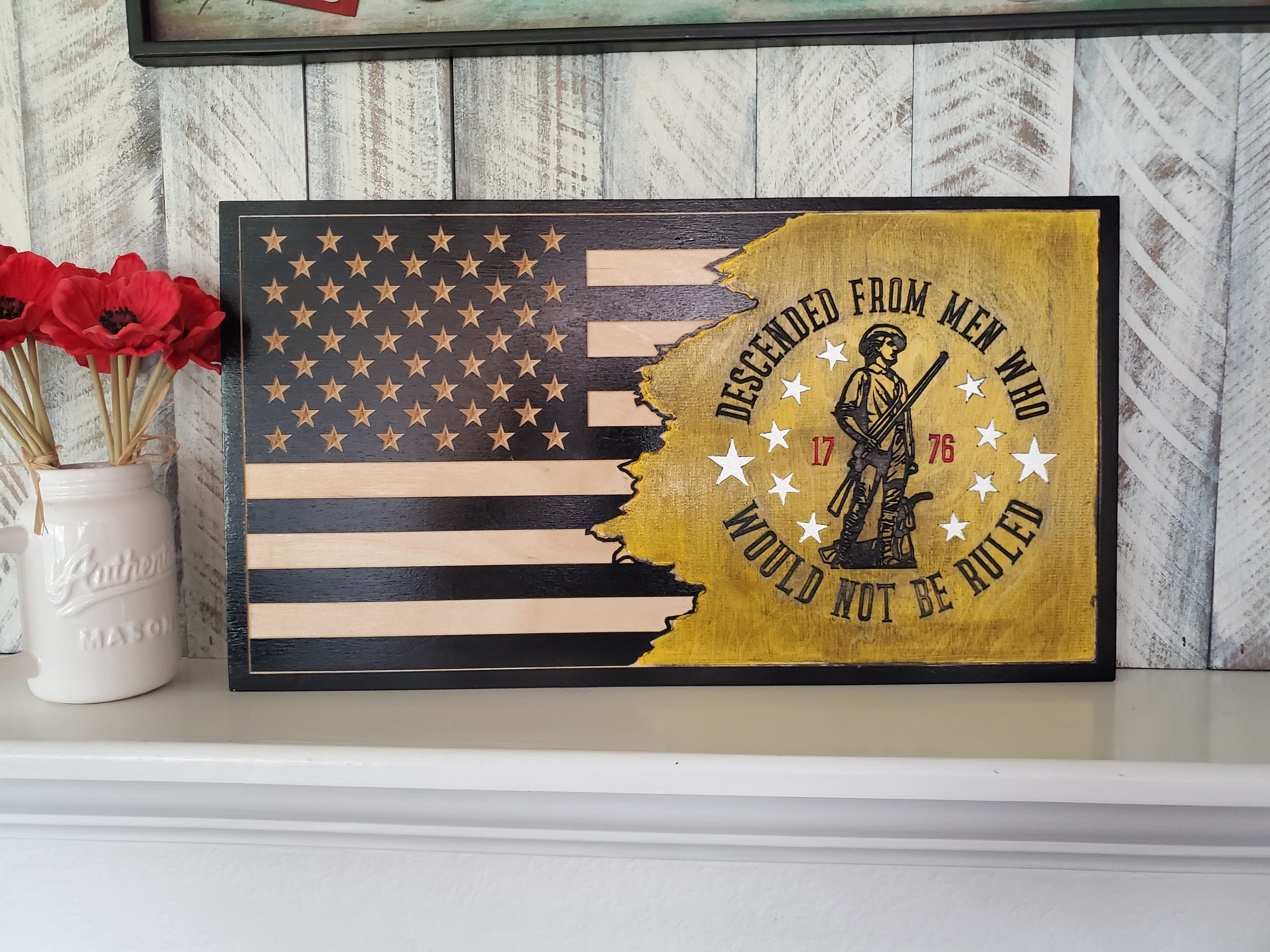 Handmade 1776 Minuteman wood flag