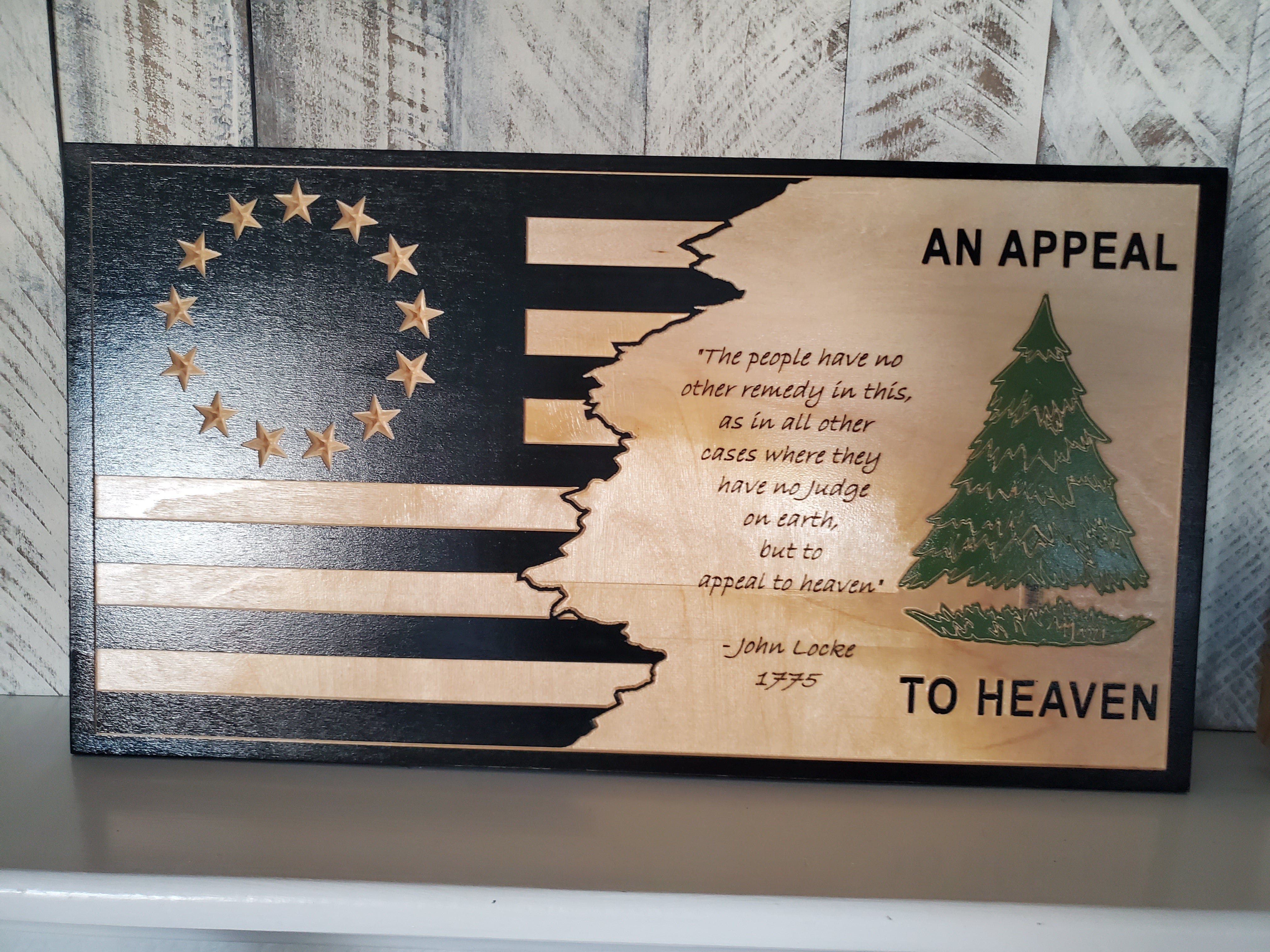Handmade An Appeal To Heaven wood flag with a pine tree design