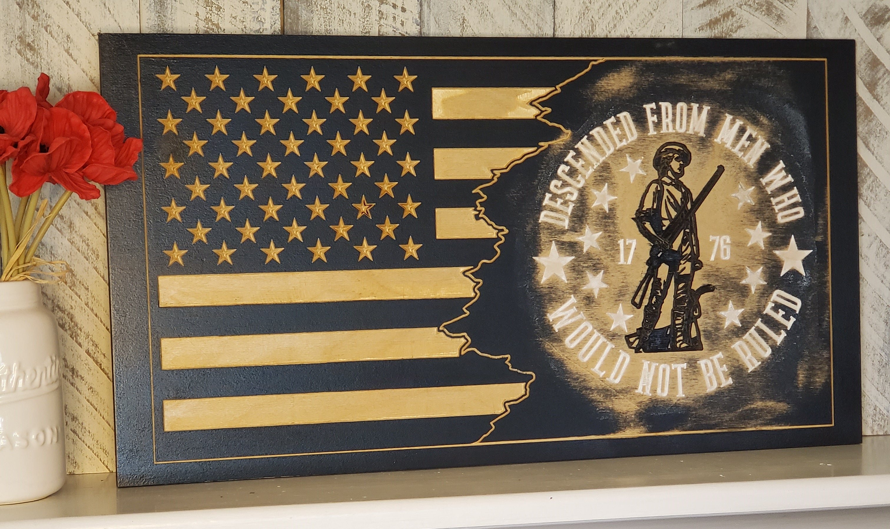Handmade weathered wood flag with a colonial-inspired figure