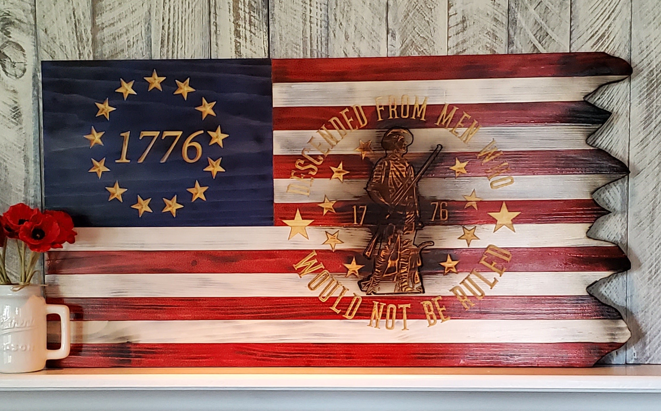 Handmade wood flag with Revolutionary-era detail