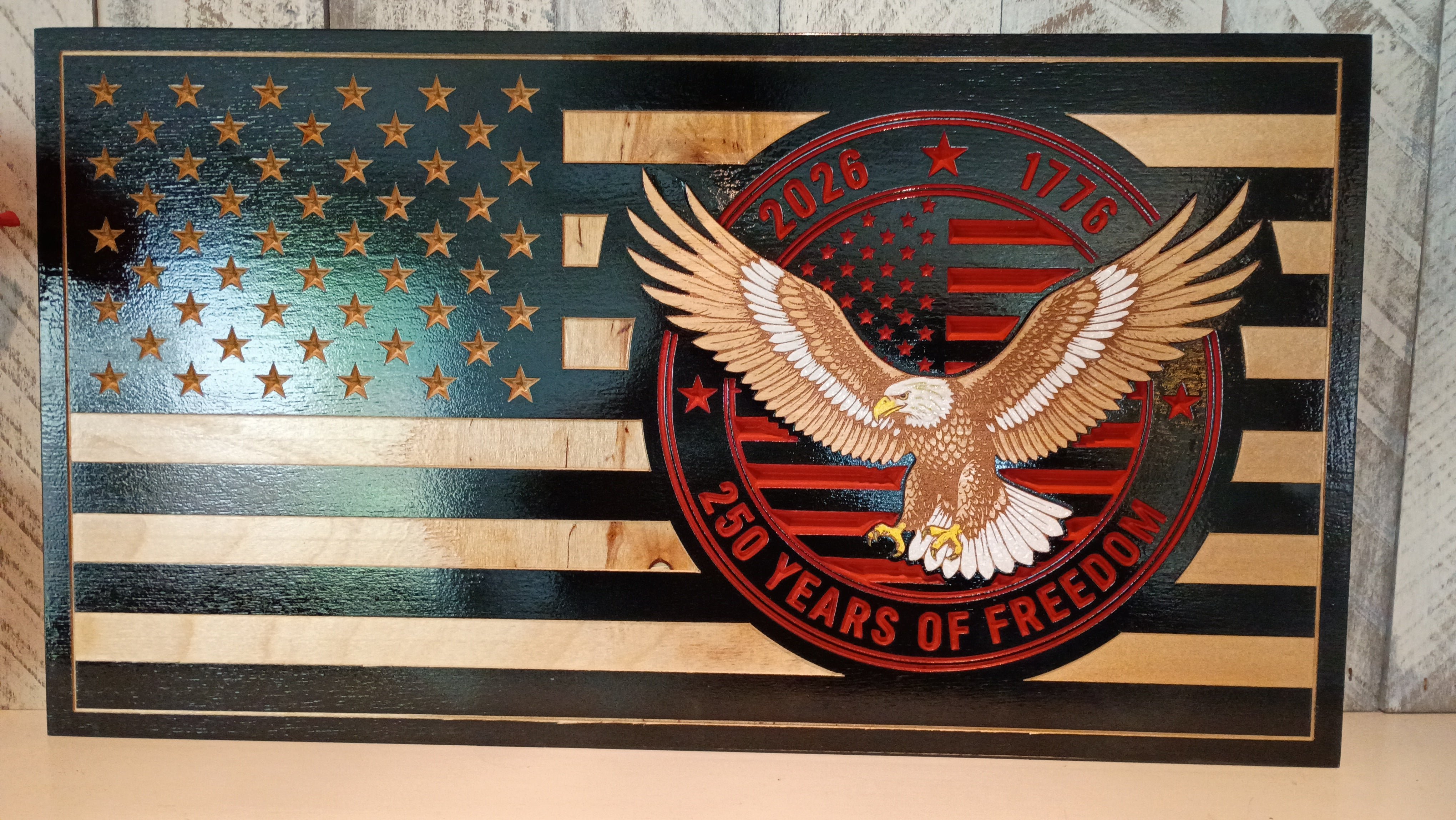 Handmade 250th anniversary wood flag ready for wall display