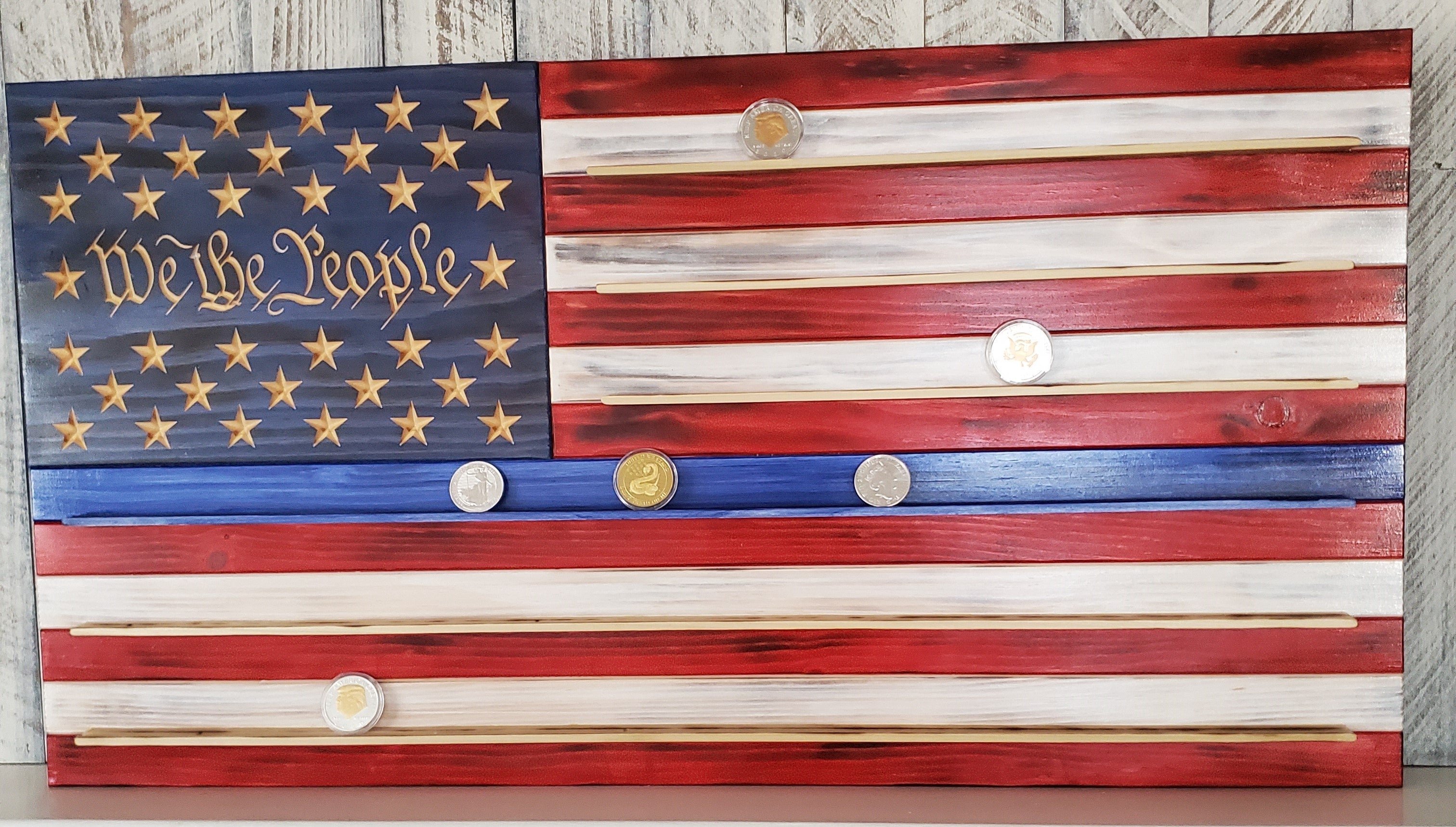 Handmade wooden challenge coin flag with substantial wall-ready construction