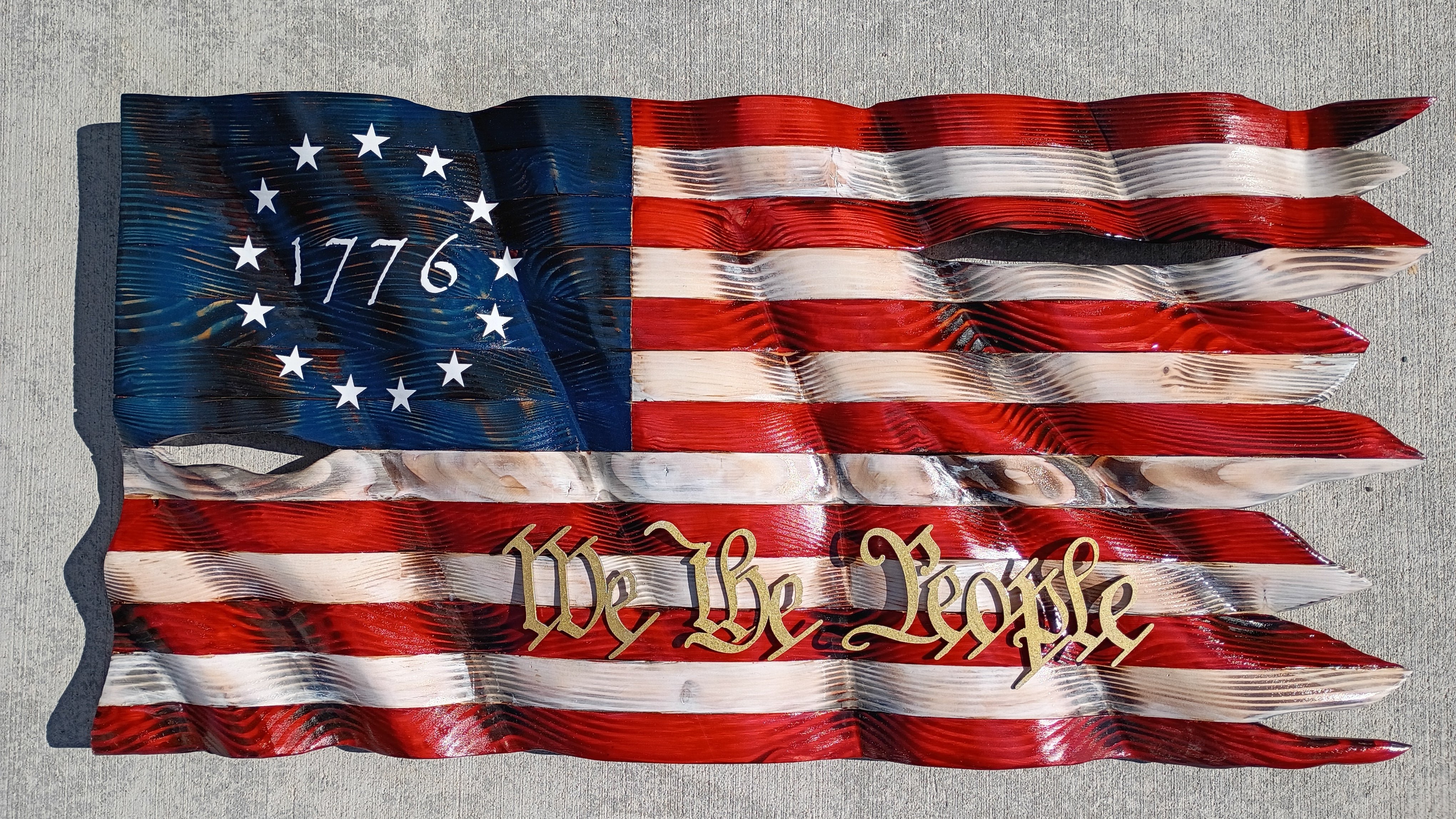 Classic handmade red, white, and blue wood flag