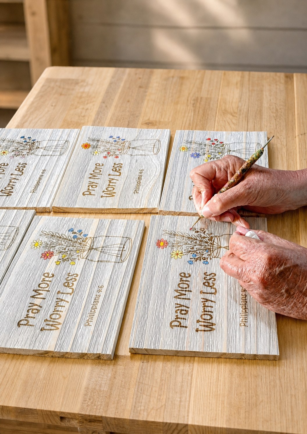 Hand-painted Signs of Joy plaques on a clean wood worktable