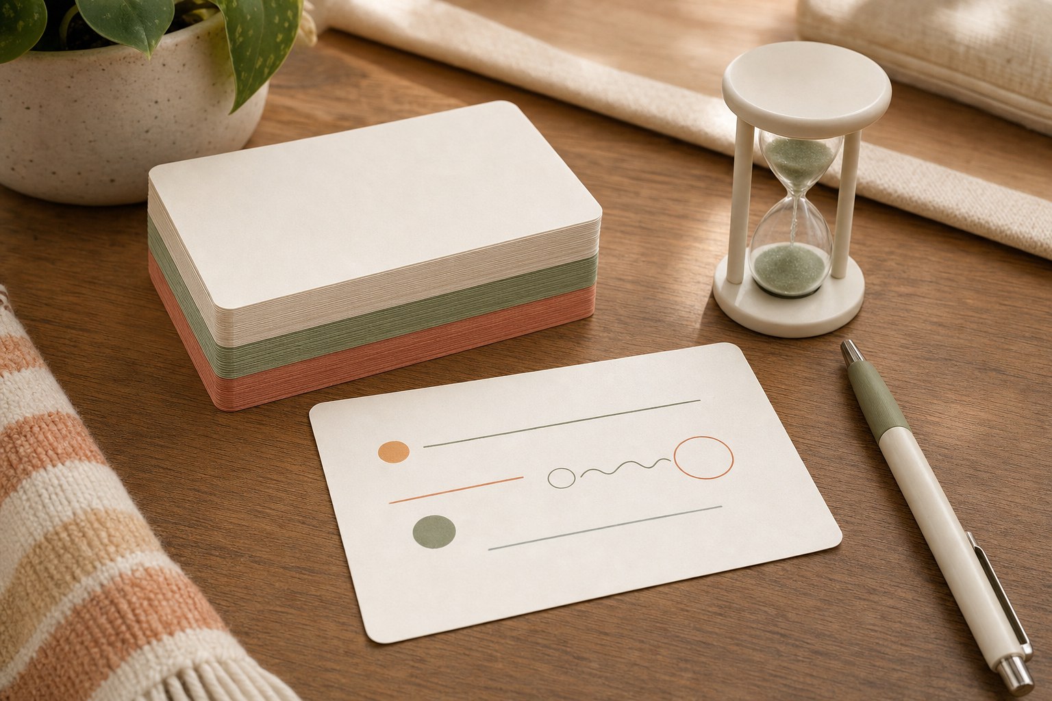 Blank color-coded flash cards beside an hourglass timer and pen