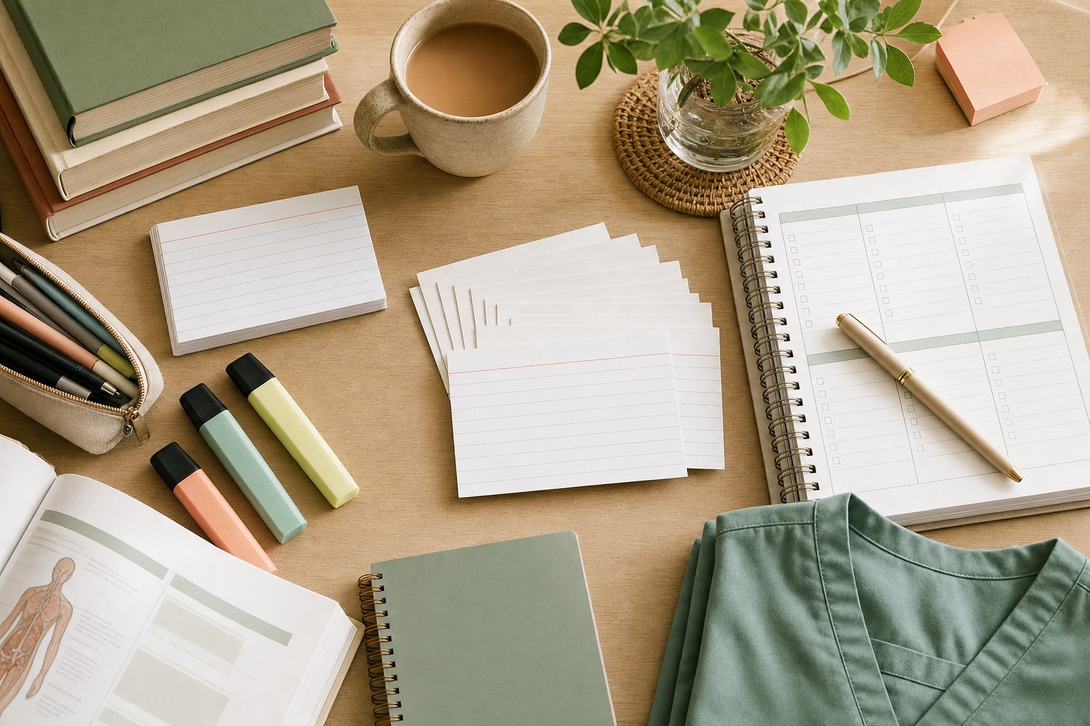 Nursing-school study desk with note cards, planner, highlighters, and folded scrubs